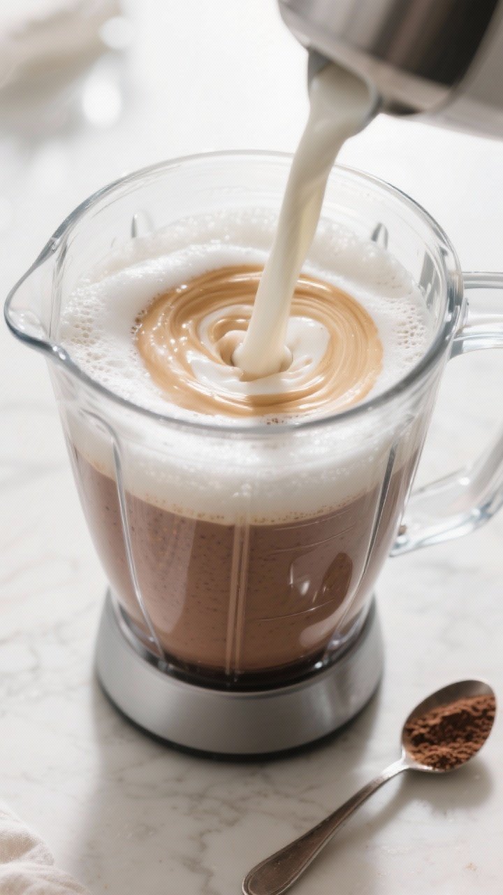 Cooking process: The smoothie mid-prep in a high-speed blender jar, showing the swirling vortex as t