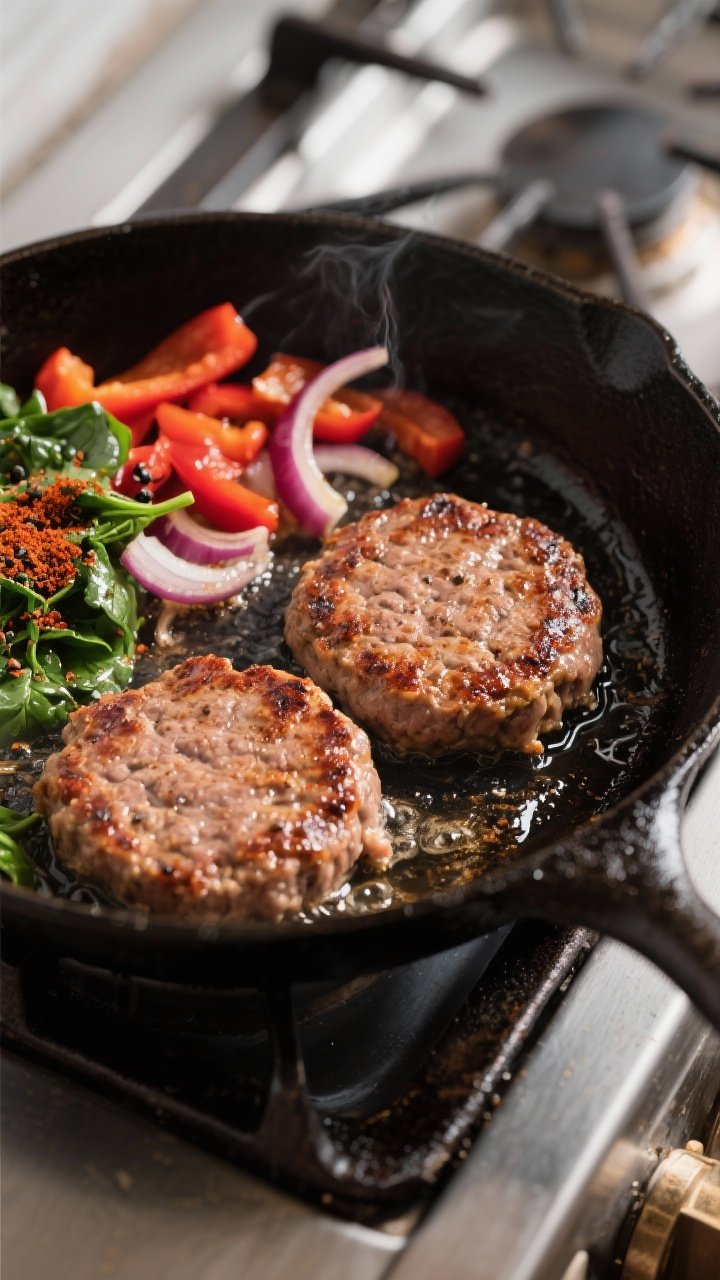 Cooking process – turkey sausage patties searing in a cast-iron skillet, browned edges and slight 