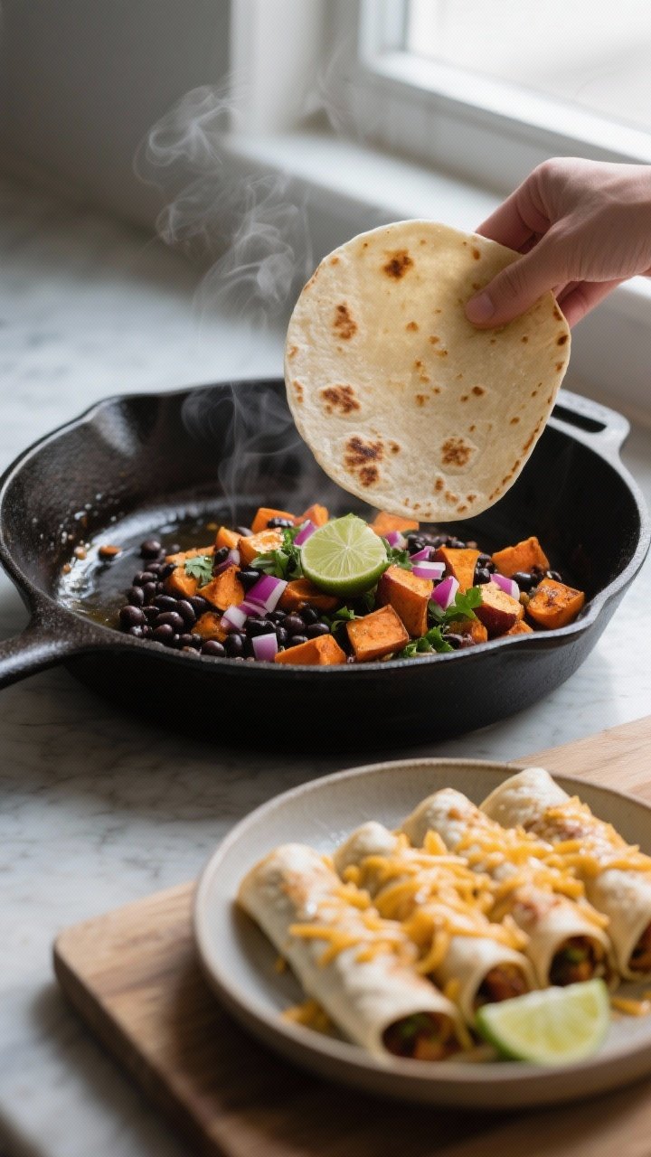 Cooking process — warming tortillas and filling assembly: A moody, close-up shot of a small cast-i