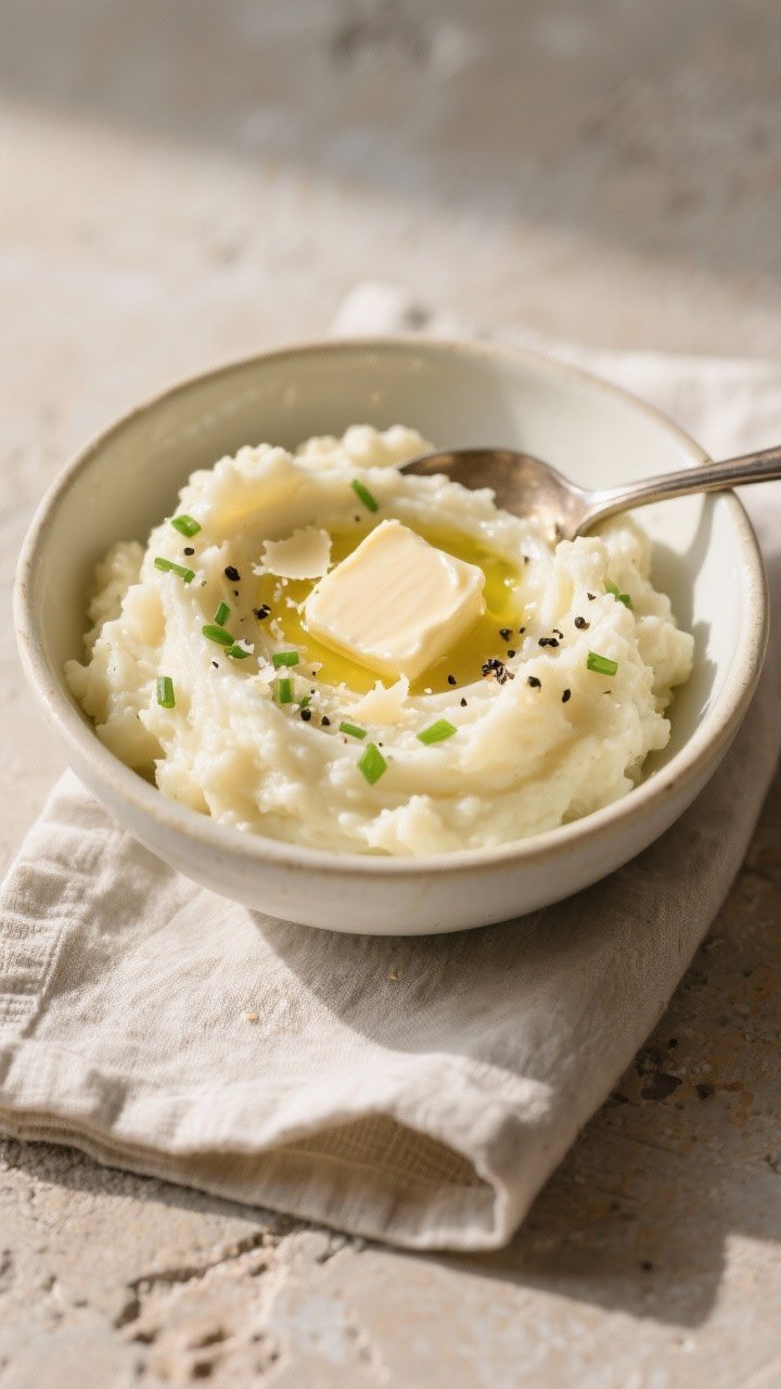 Final dish beauty shot: Creamy mashed cauliflower blended to a glossy, cloud-like finish, spoon-swir
