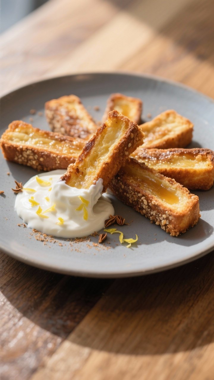 Final dish glamour: Restaurant-quality plated French toast sticks arranged in a fan, one stick dippe