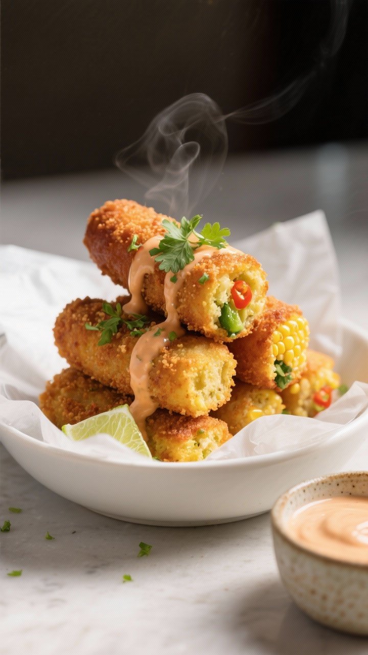 Final dish hero: Restaurant-quality presentation of Veggie “Corn Dog” Bites stacked in a shallow