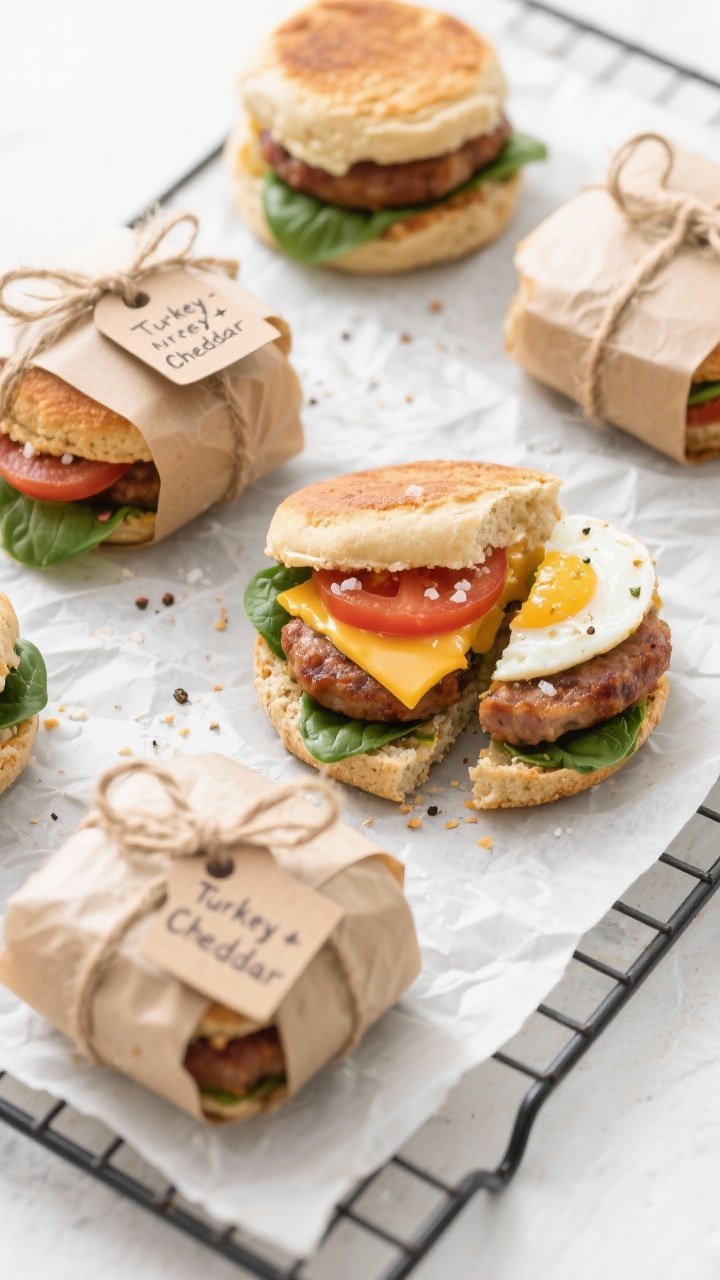 Final dish, meal prep focus: Tasty top view of four finished Sausage McMuffin-style sandwiches arran