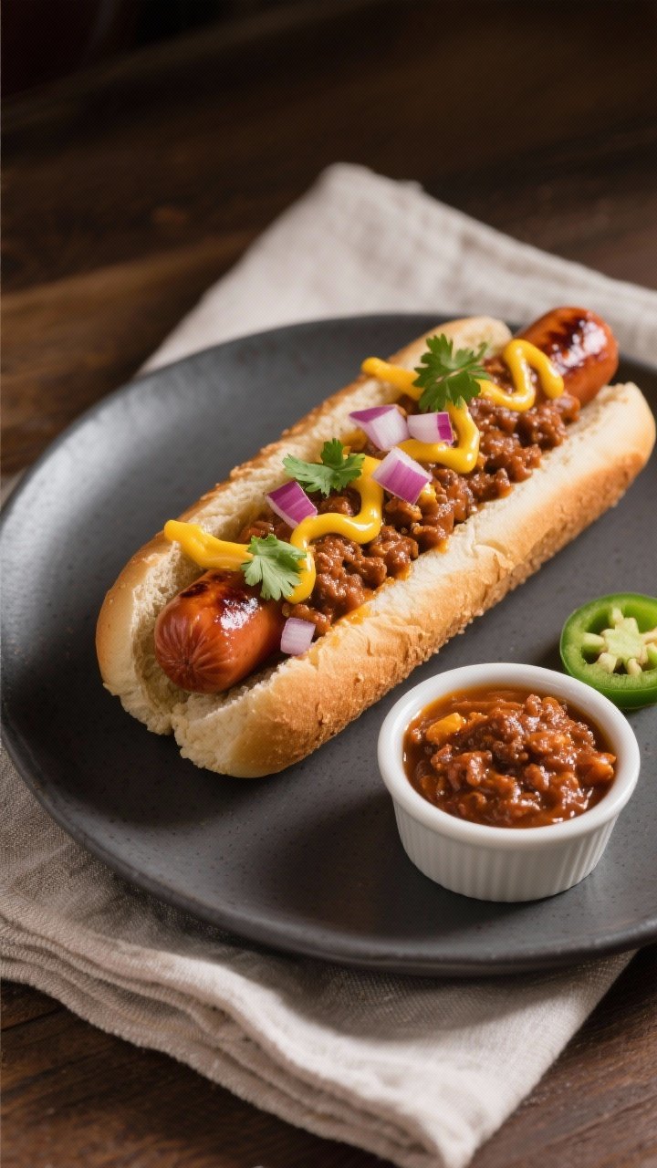 Final dish, plated presentation: Beautifully plated turkey chili dog on a toasted whole-wheat bun wi