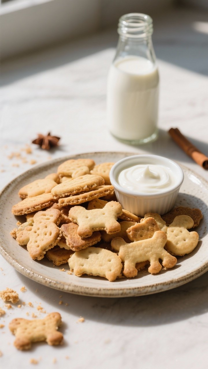 Final dish presentation: A rustic ceramic plate piled with assorted animal crackers in varying shade