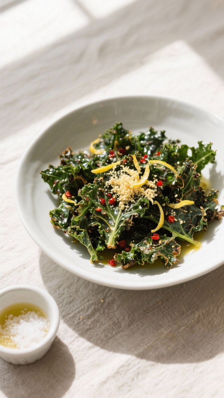 Final dish presentation: Beautifully plated bowl of finished kale chips, ultra-crispy and glossy fro