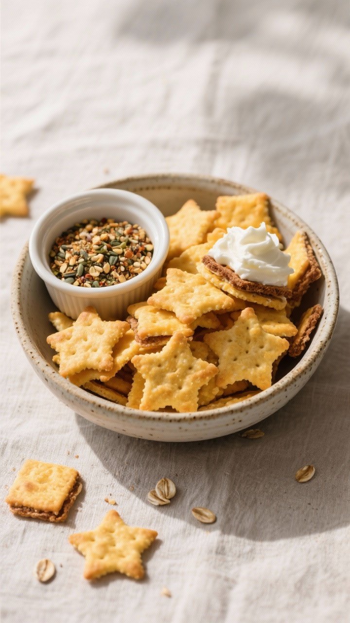 Final dish presentation: Beautifully plated bowl of crisp, deep-golden cheddar oat crackers shaped a