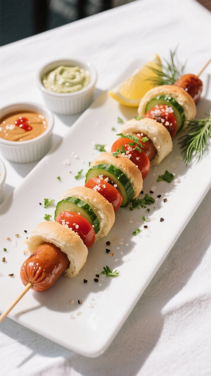 Final dish presentation: Beautifully plated bun-less hot dog skewers on a long white platter, altern