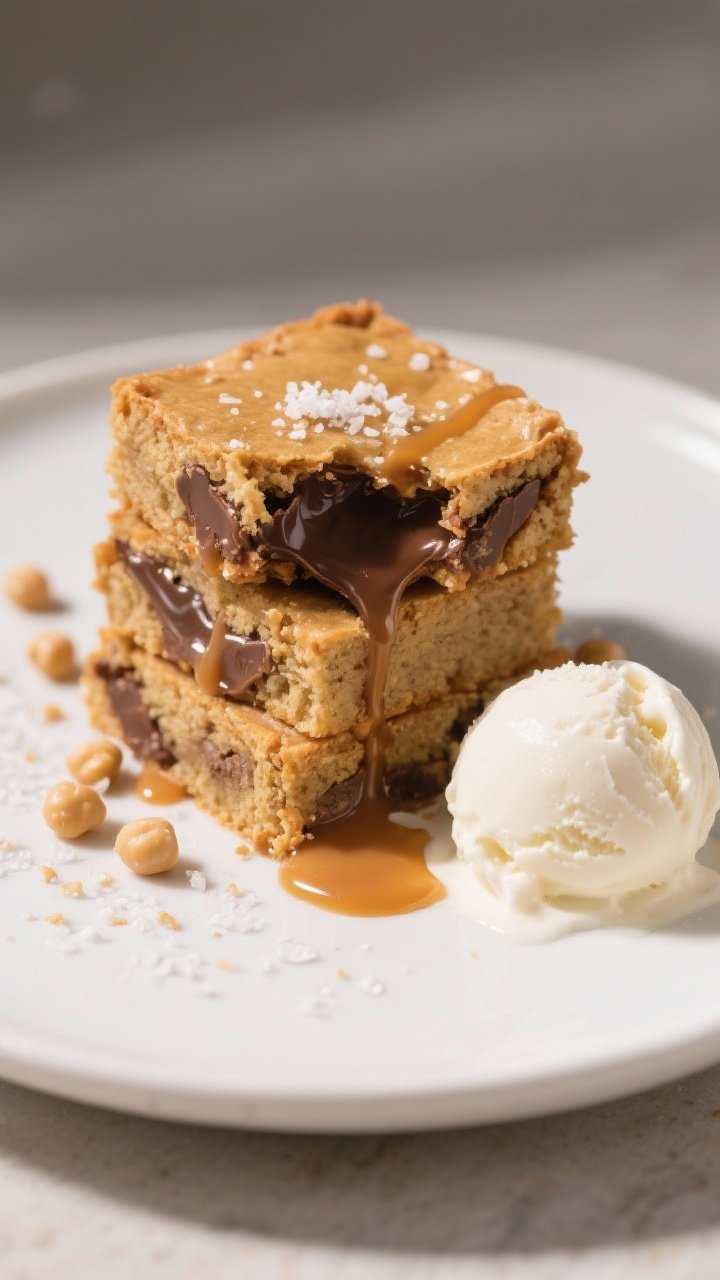 Final dish presentation: Beautifully plated chickpea blondie squares stacked on a matte white desser