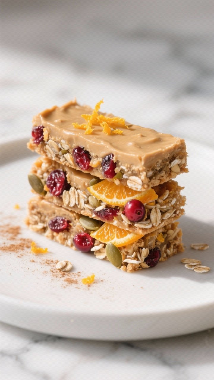 Final dish presentation: Beautifully plated Cranberry Orange bars stacked 3-high on a matte white pl