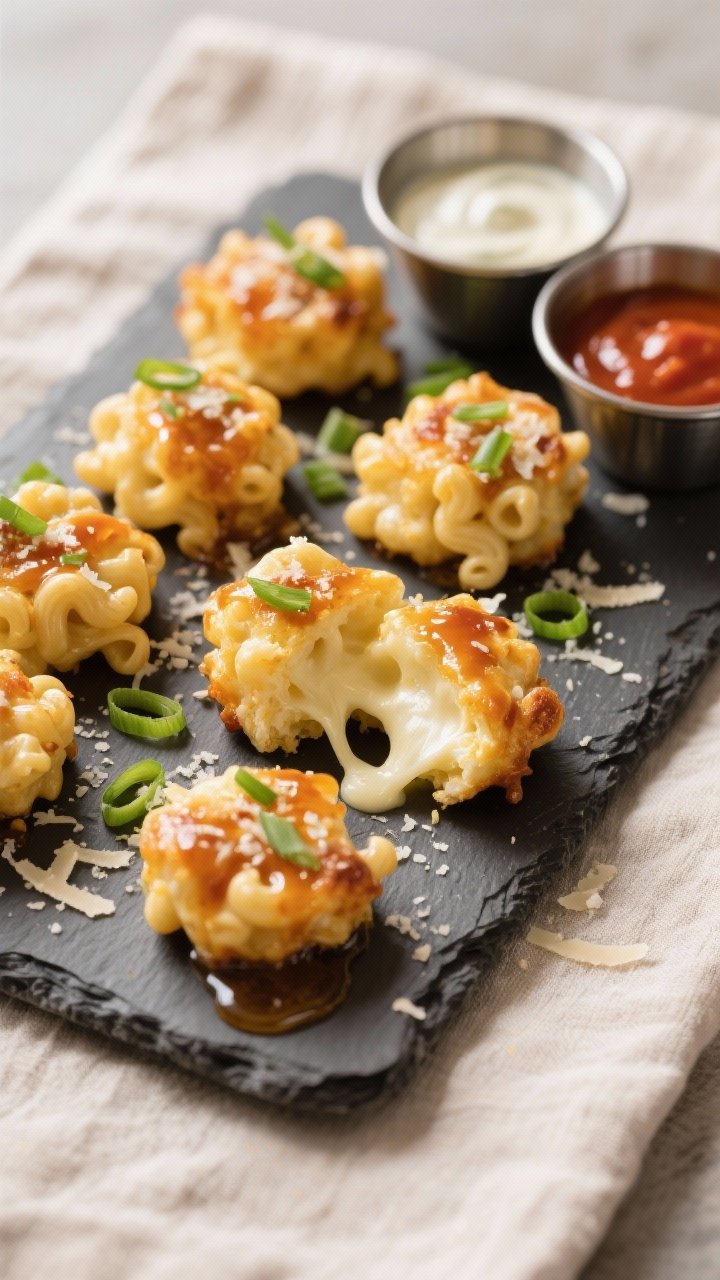 Final dish presentation: Beautifully plated mac and cheese bites arranged on a matte slate platter,