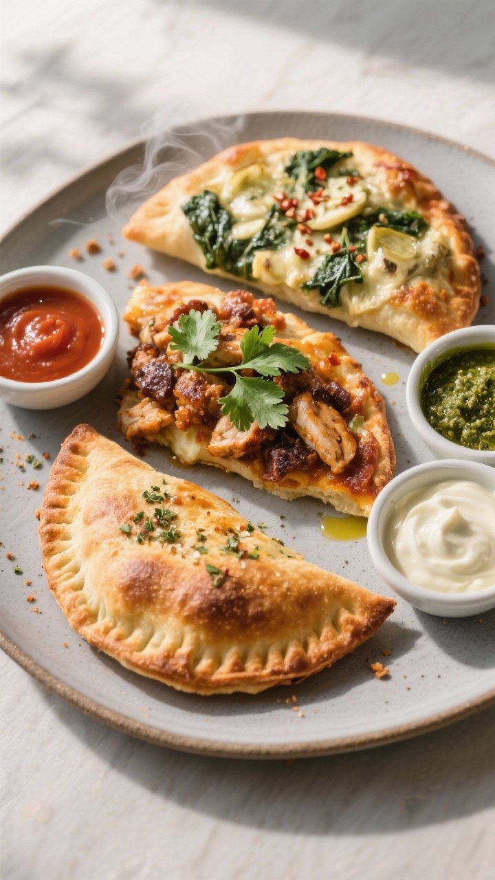 Final dish presentation: Beautifully plated trio of mixed-flavor pizza pockets (Supreme, BBQ Chicken