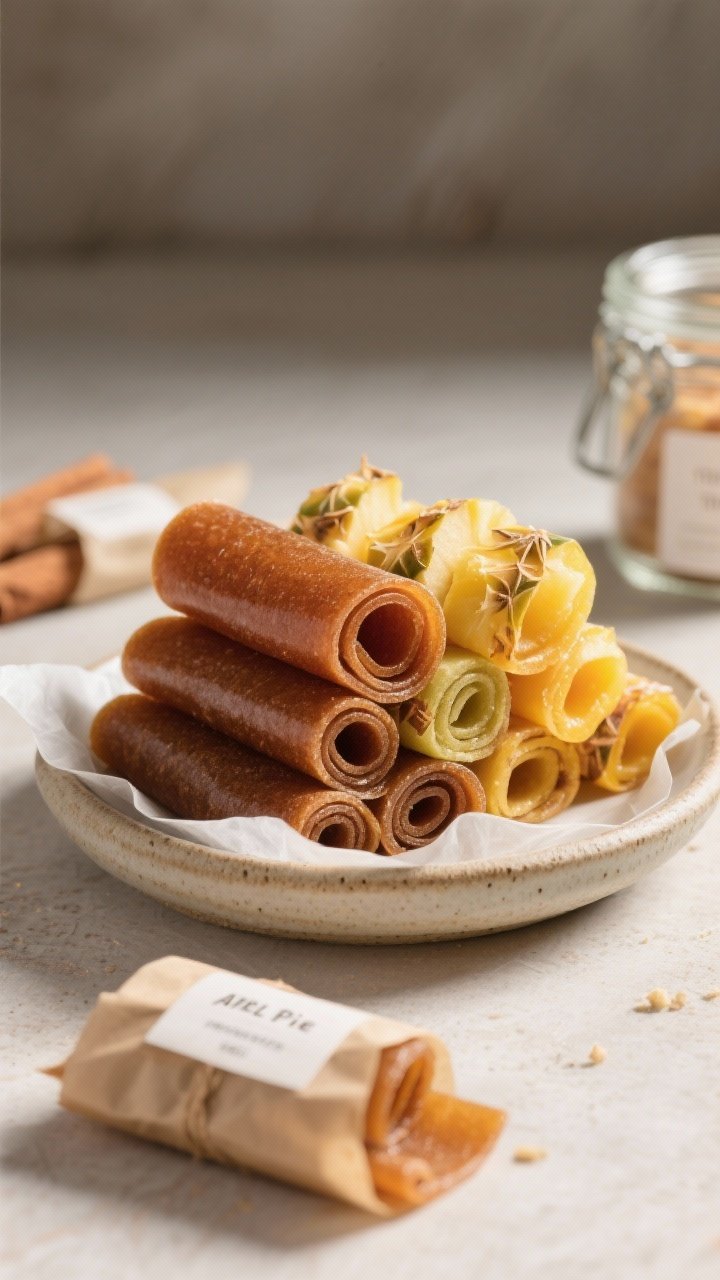 Final dish presentation: Beautifully rolled and cut fruit leather strips in two flavors—Apple Pie 