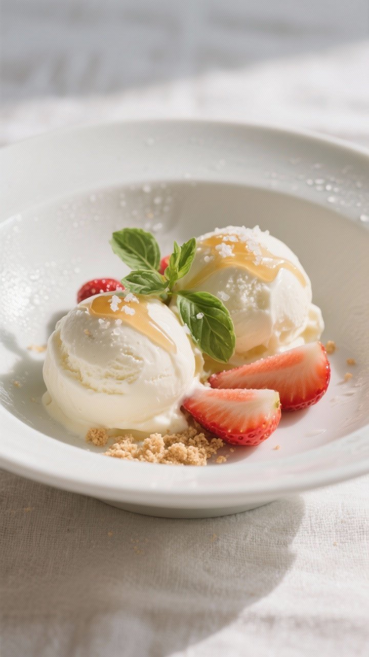 Final dish presentation: Beautifully scooped Strawberry Greek Frozen Yogurt in a matte white coupe b