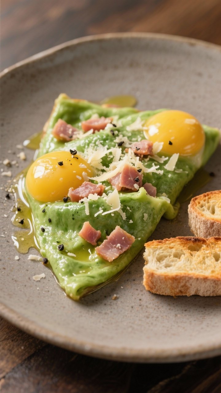 Final dish presentation: Café-style plate-up of green eggs softly set and just glossy, folded with 