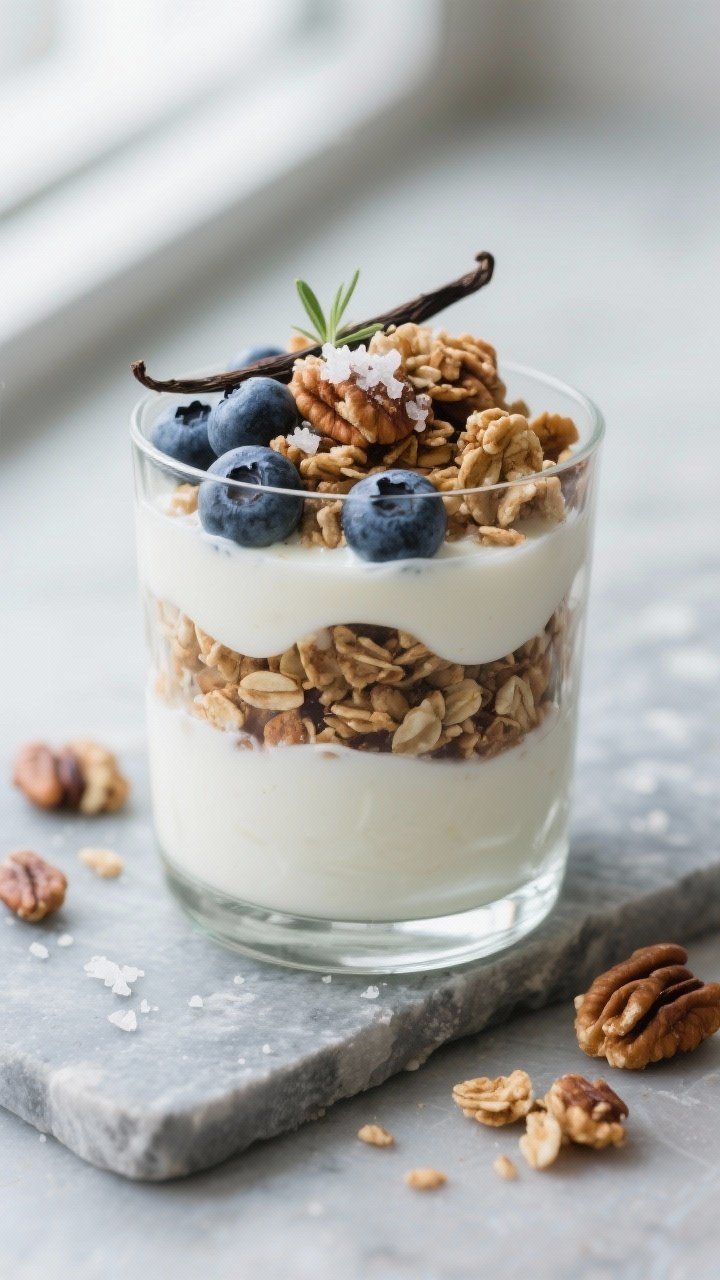 Final dish presentation: Elegant parfait glass layered with kefir, low-sugar granola clusters, and f