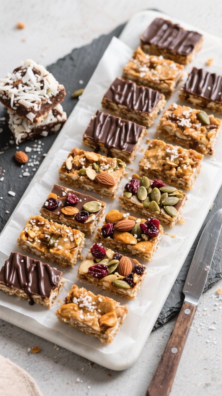 Final dish presentation: Elegant top-down tableau of sliced bars (12–16 pieces) lifted from parchm