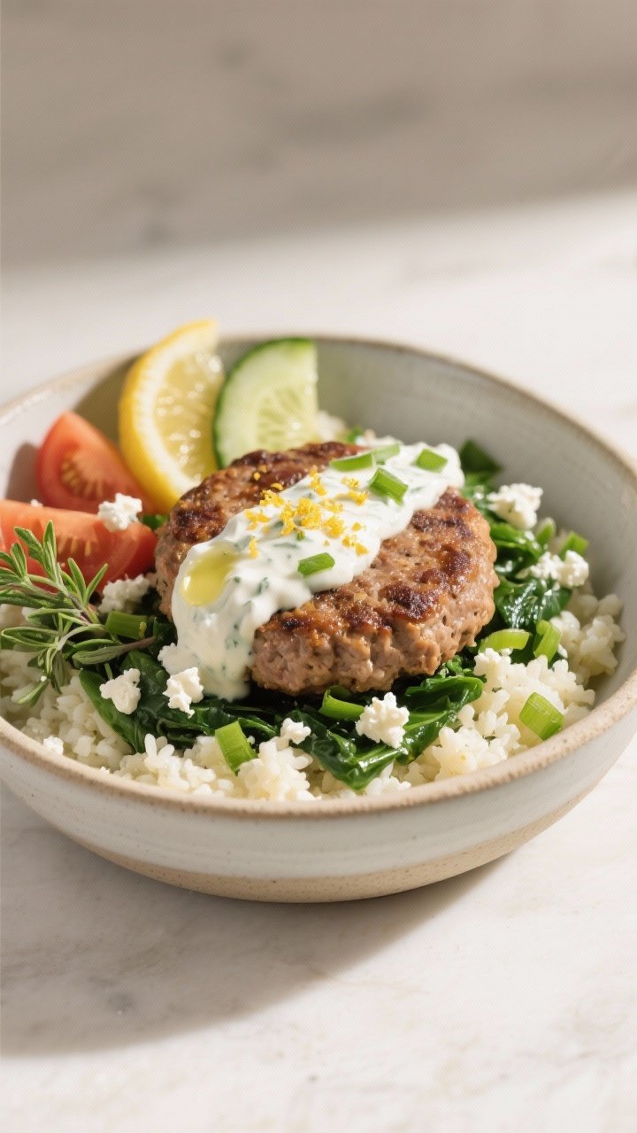 Final dish presentation: Mediterranean variation plated burger bowl (low-carb style) with the cooked