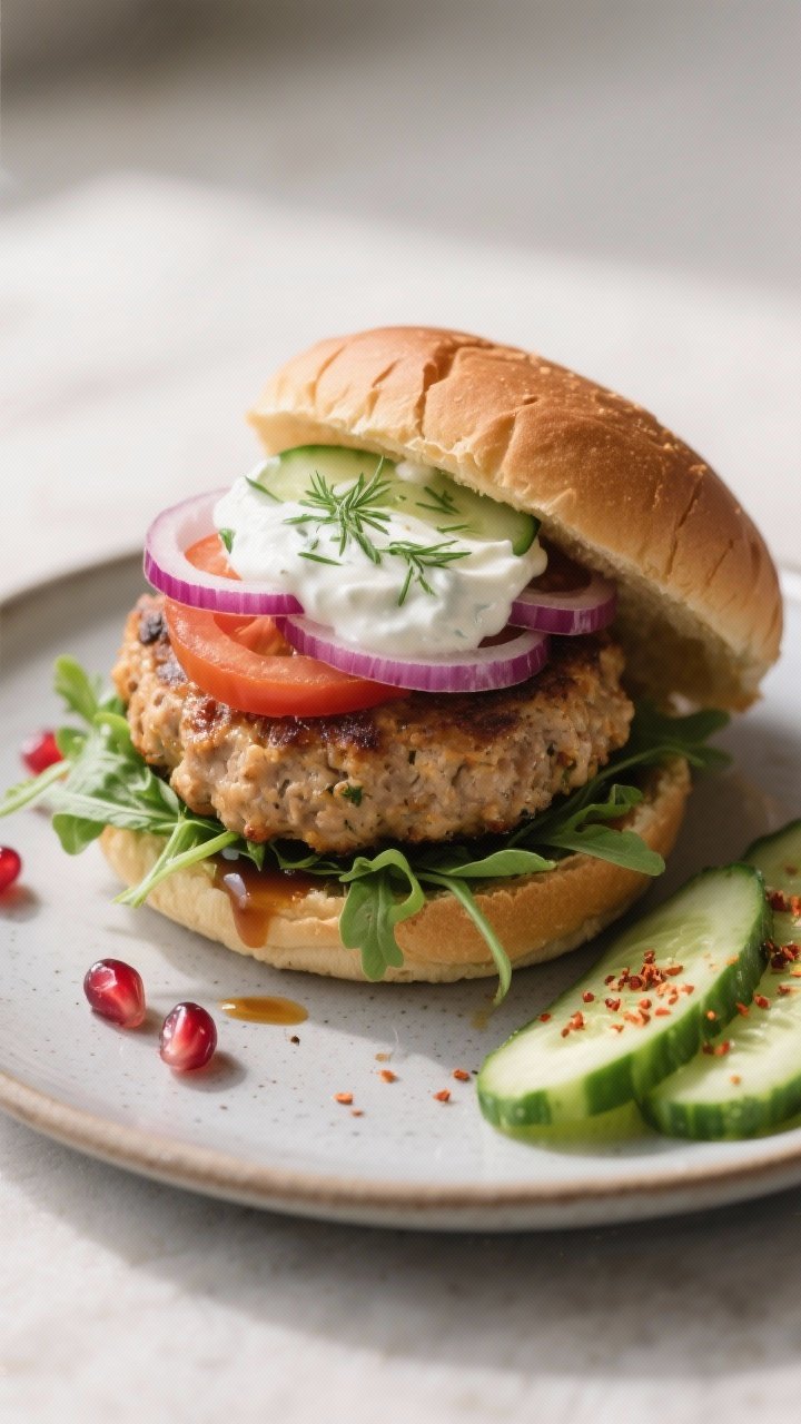 Final dish presentation: Middle Eastern Chicken Burger stacked on a warm whole-wheat bun, thick patt