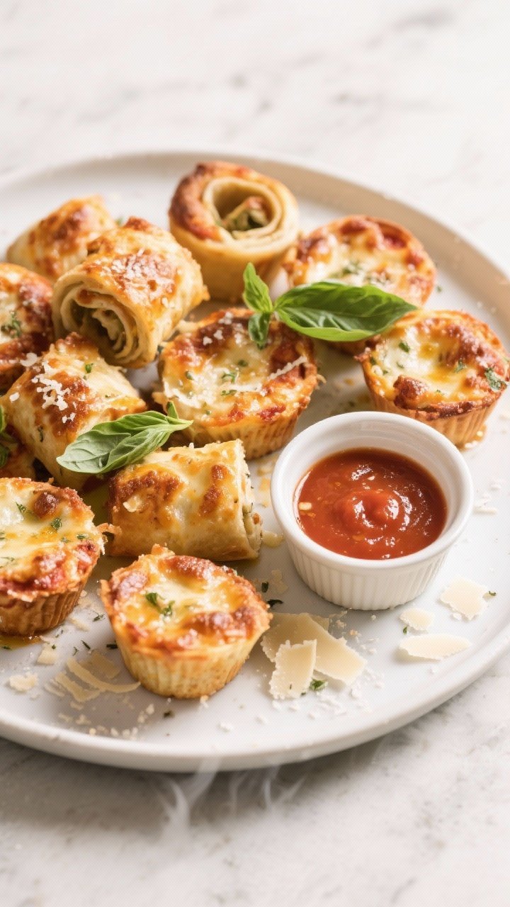 Final dish presentation: Overhead hero shot of a platter of baked pizza roll bites and pizza muffins