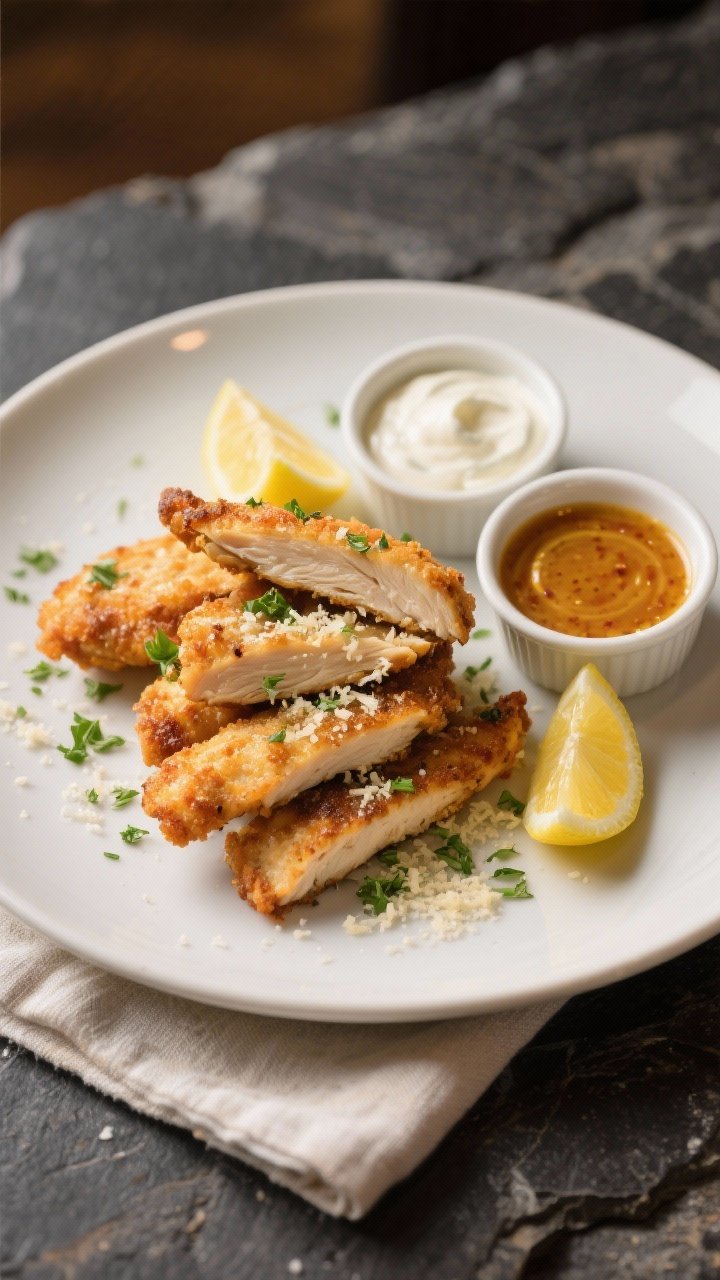 Final dish presentation: Restaurant-quality plate of Parmesan Herb Chicken Strips stacked casually o