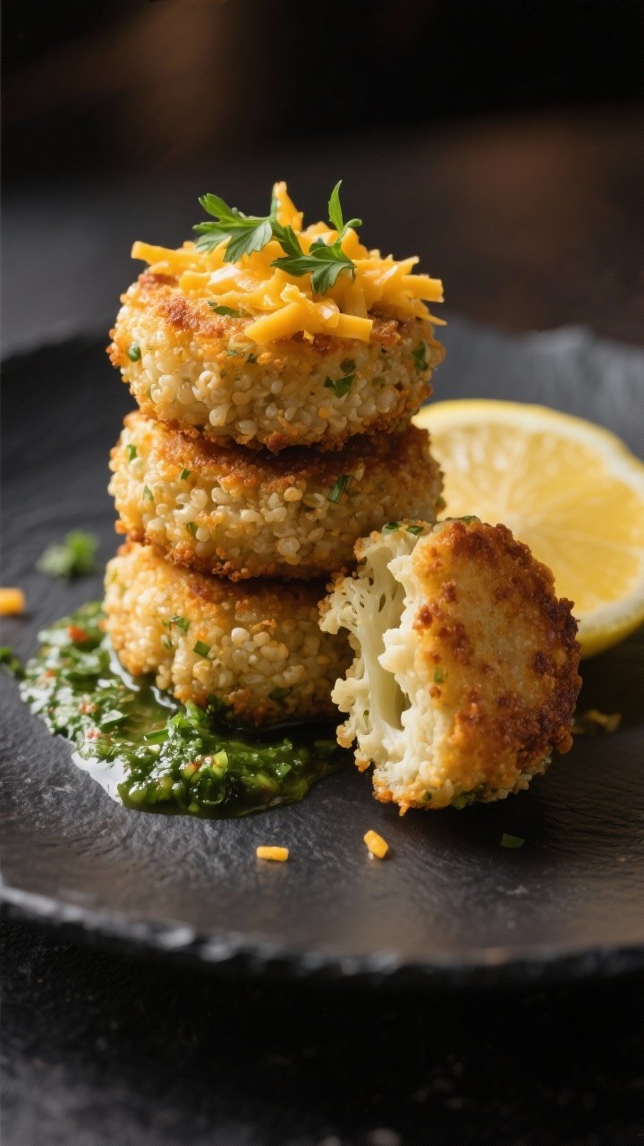 Final dish presentation: Restaurant-quality plate of cauliflower-quinoa tots stacked in a short towe
