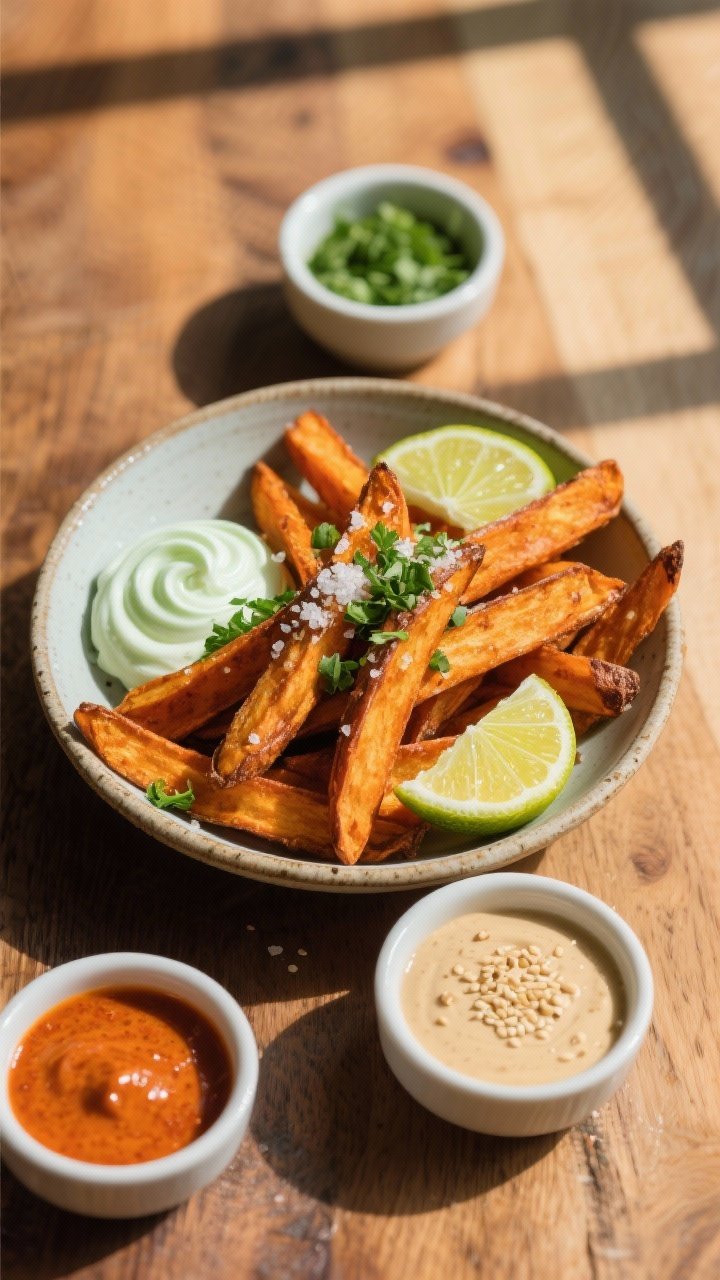 Final dish presentation: Restaurant-quality plated sweet potato fries piled in a shallow ceramic bow