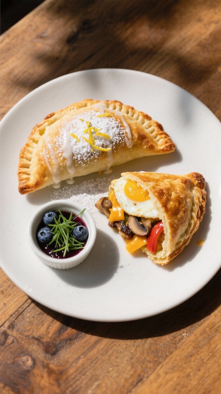 Final dish presentation: Restaurant-quality plated duo—one sweet pocket drizzled with a thin powde