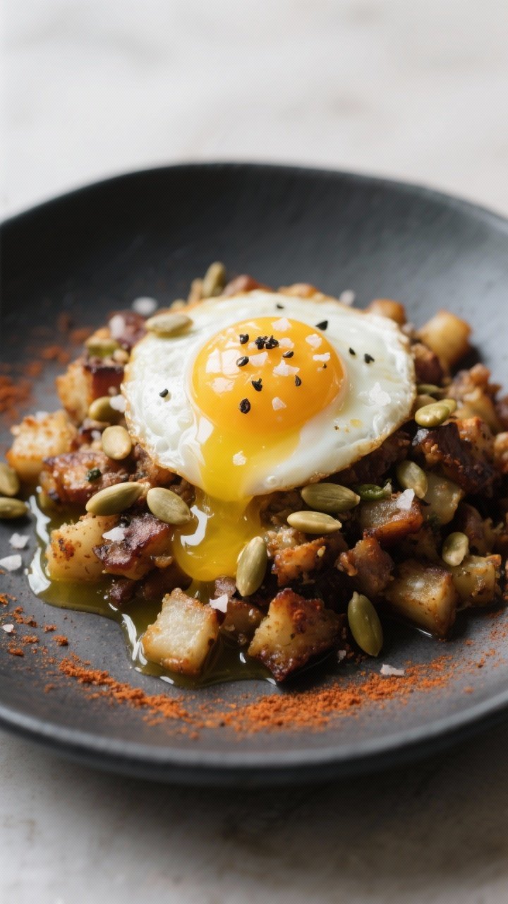 Final dish presentation: Restaurant-quality plating of the hash on a wide, dark ceramic plate, egg o