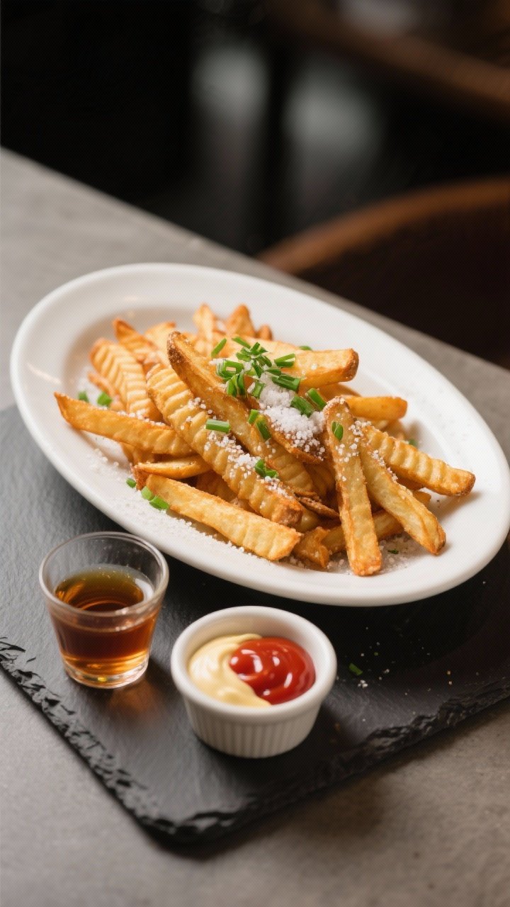 Final dish presentation: Restaurant-quality plating of “McStyle” air fryer fries in a white oval