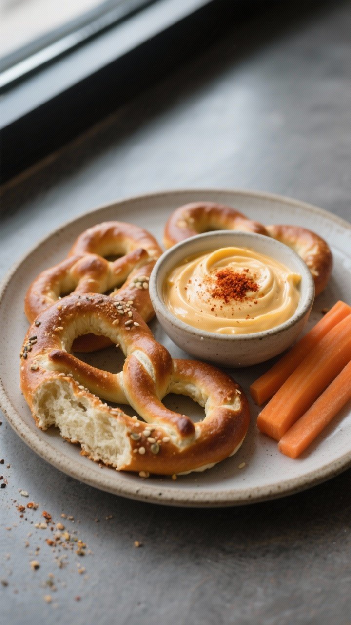 Final dish presentation: Restaurant-quality plating of warm whole-wheat soft pretzels arranged aroun