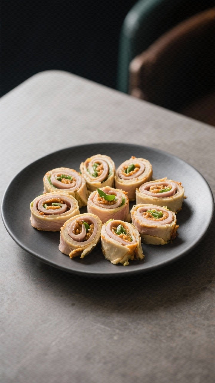 Final dish presentation: Restaurant-quality plating of Turkey & Hummus Pinwheels arranged snugly in 
