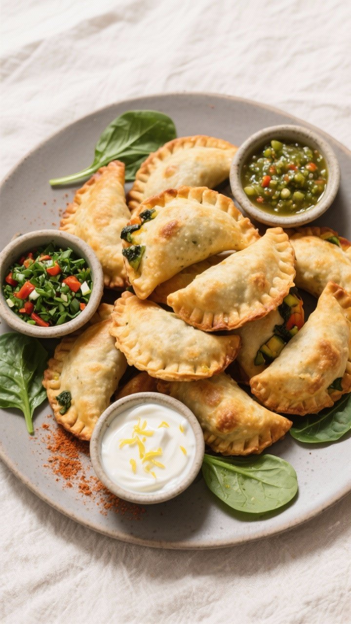 Final dish presentation: Restaurant-quality platter of baked mini veggie empanadas piled casually on