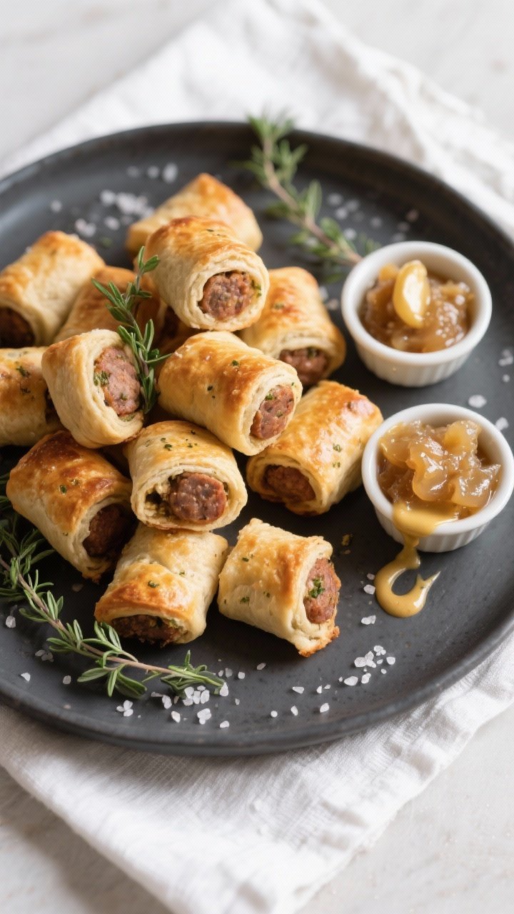 Final dish presentation: Restaurant-quality platter of mini whole-wheat sausage rolls arranged in a