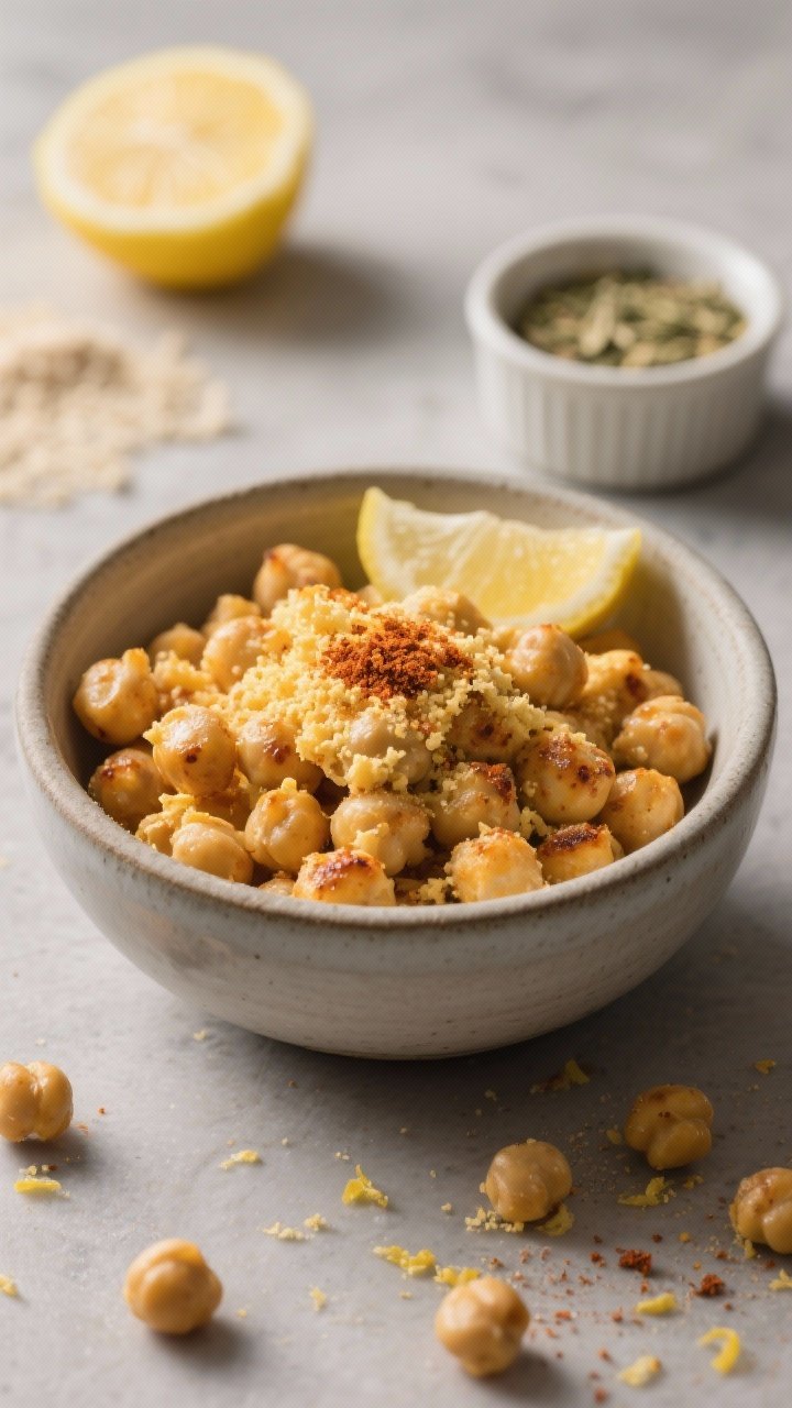 Final dish presentation: Restaurant-quality snack bowl of “cheesy” roasted chickpeas (nutritiona