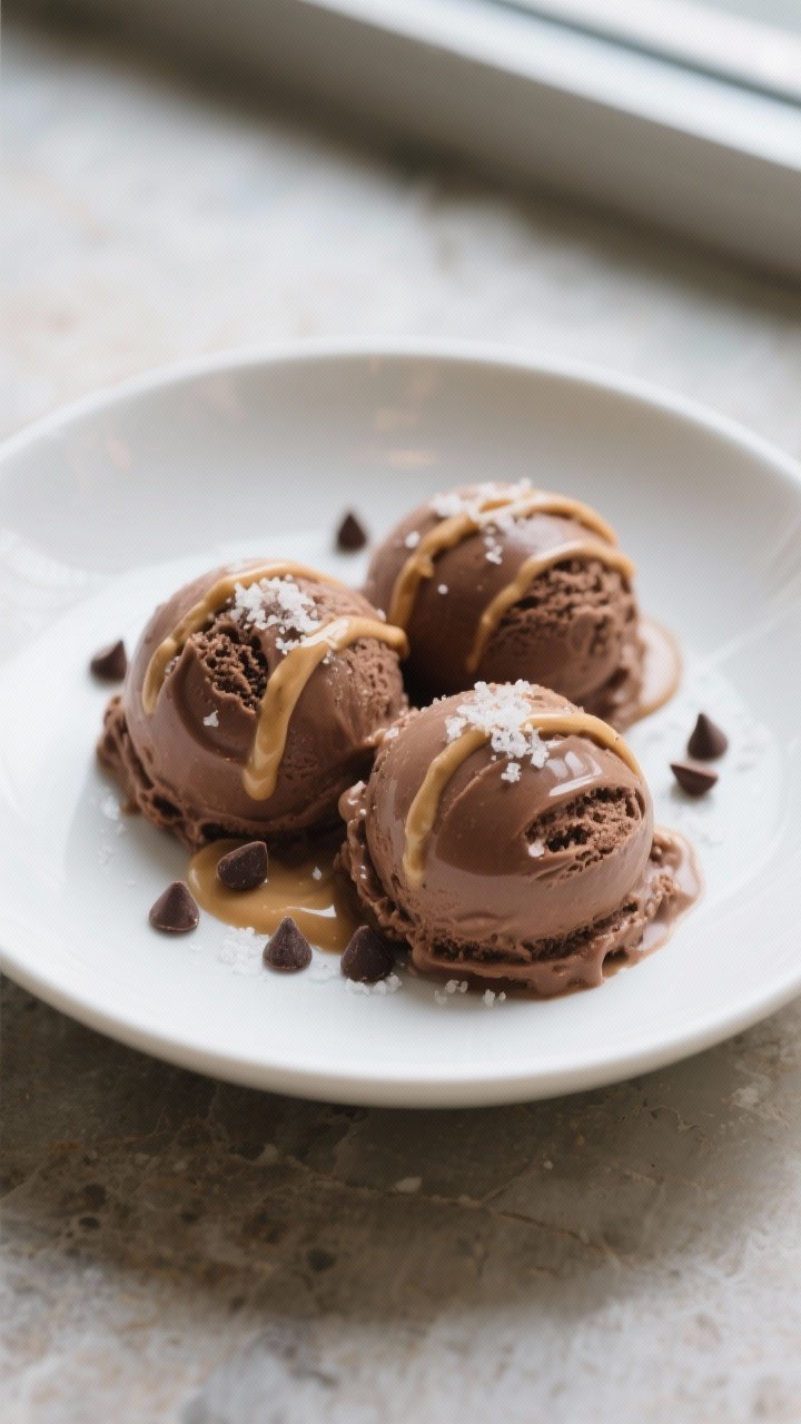 Final dish presentation: Scooped, firmer chocolate banana nice cream in a shallow white bowl after a