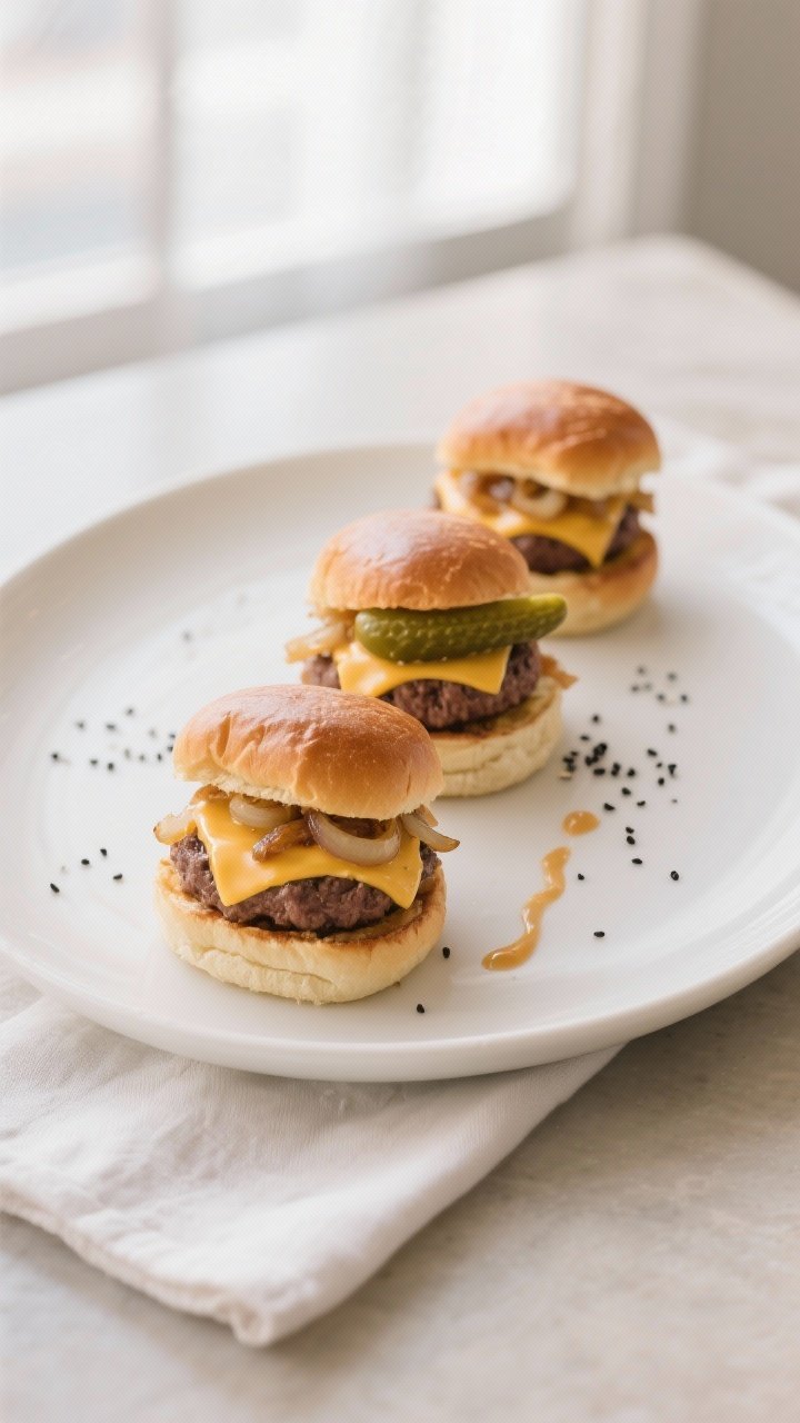 Final dish presentation: Three mini cheeseburger sliders plated on a matte white round plate, each s