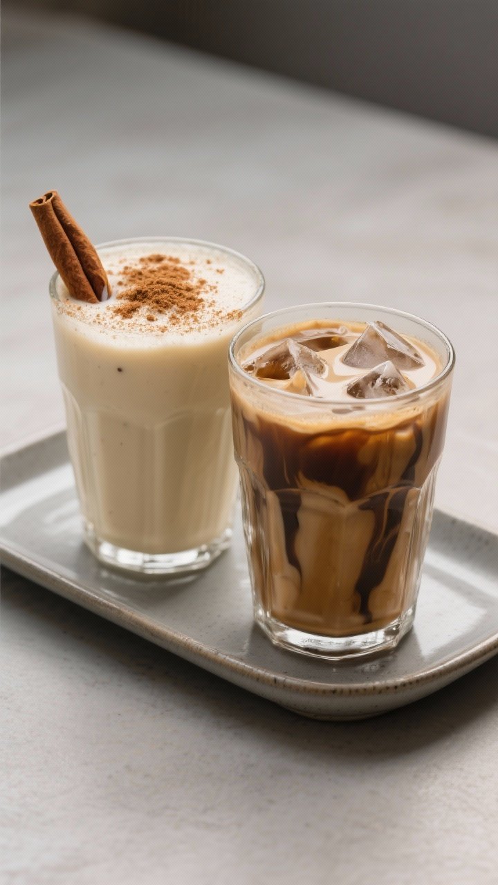 Final dish presentation: Two glasses of the shake—one classic vanilla-cinnamon, one “latte-shake