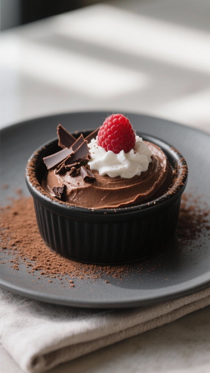 Final dish: Restaurant-quality presentation of chilled avocado chocolate mousse in a matte black ram