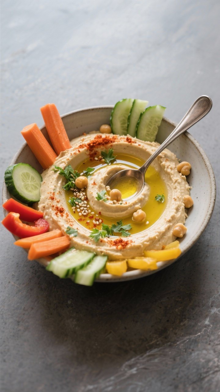 Final dish: Restaurant-worthy plated hummus in a shallow ceramic bowl with dramatic spoon swooshes,
