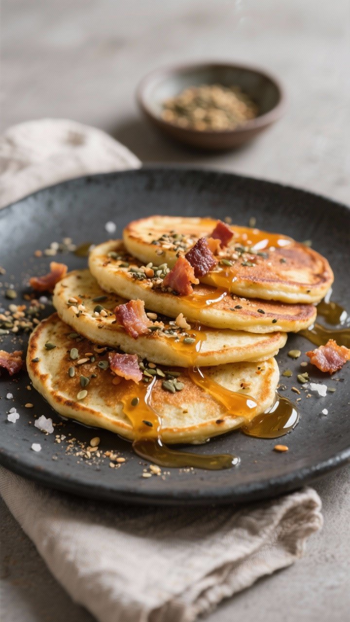 Final dish, styled variation: Beautifully plated “savory twist” banana pancakes arranged slightl