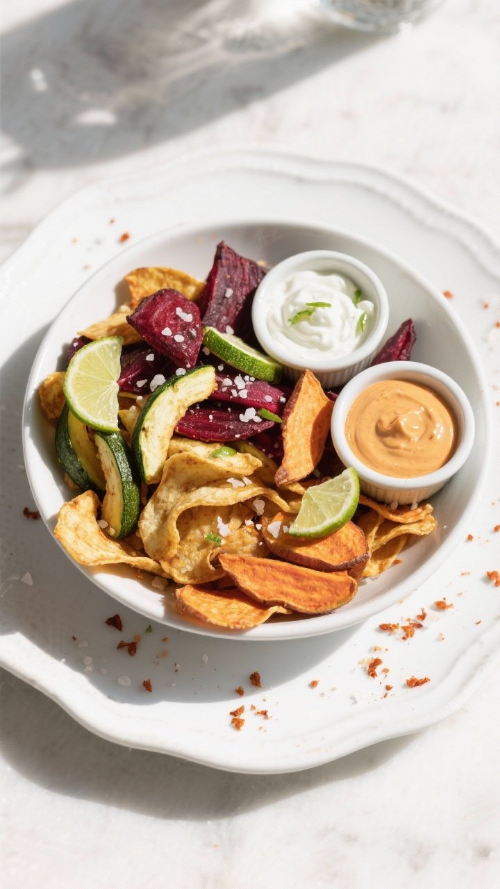 Final dish top view: Overhead shot of a mixed bowl of air-fryer veggie chips (zucchini, beets, sweet