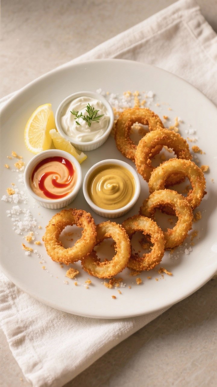 Final dish top view: Overhead shot of a restaurant-quality platter of crispy baked onion rings arran