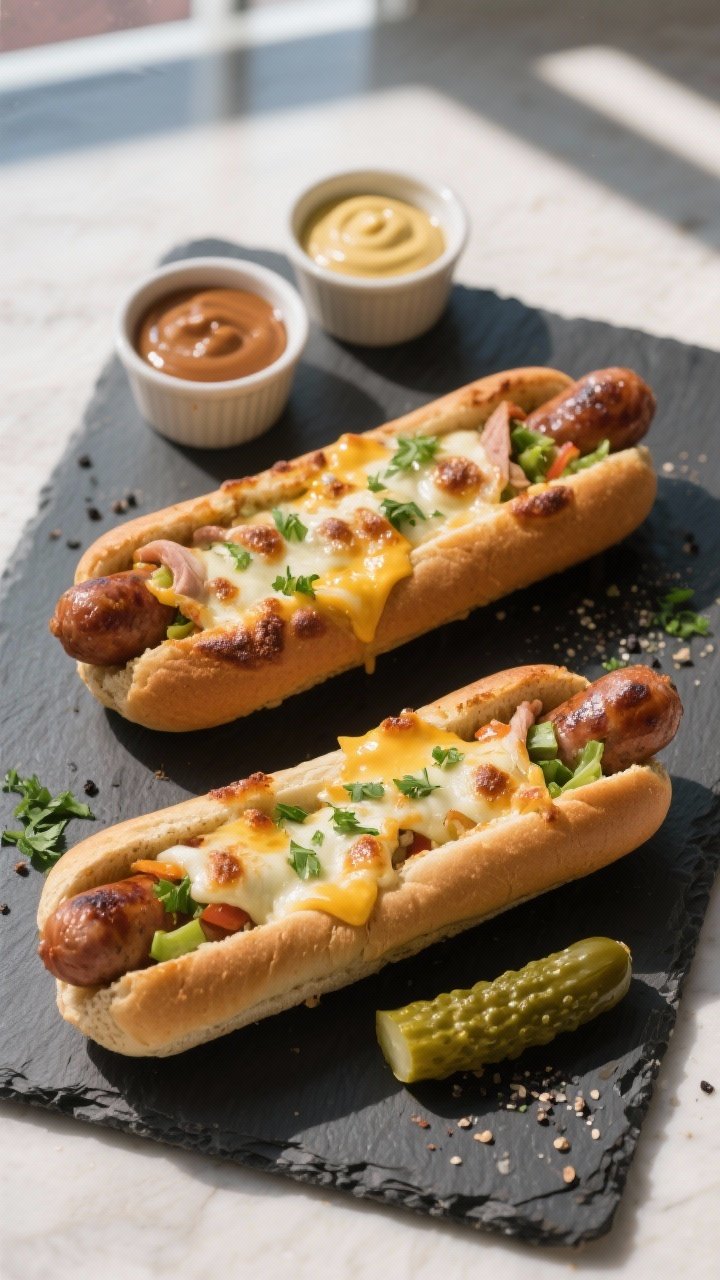 Final dish top-view: Overhead shot of assembled and baked whole-wheat “hot dog” boats on a slate