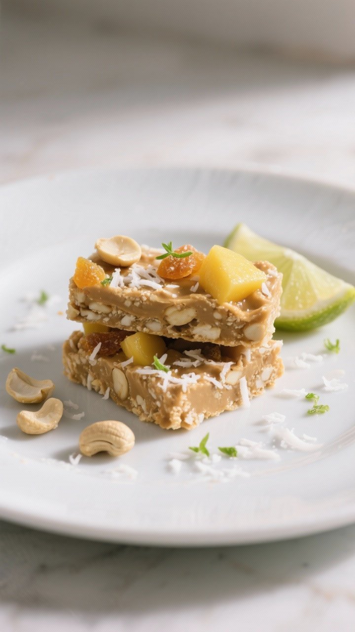 Final dish variation: Beautifully plated “Tropical” version of the no-bake bars on a matte white