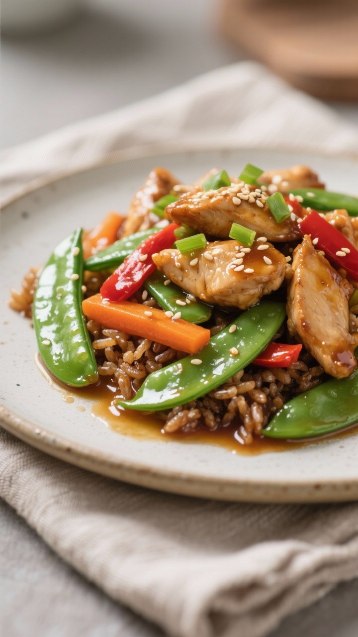 Final plated, beauty close-up: Tight close-up of a plated portion of Honey Garlic Chicken Stir-Fry w