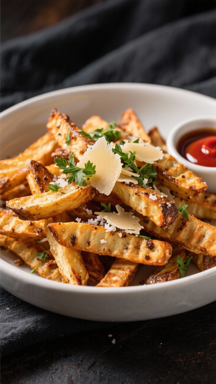 Final plated beauty: Restaurant-quality presentation of seasoned oven fries piled in a matte white s