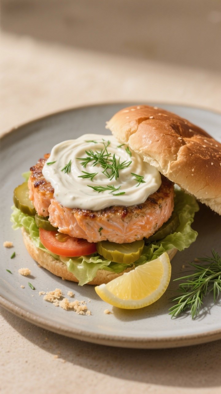 Final plated burger portrait: Fully assembled salmon burger on a lightly toasted whole-wheat bun, gl