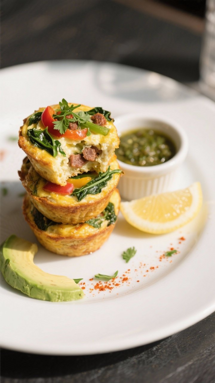 Final plated dish, hero shot: Three Mini Frittata Muffins stacked and staggered on a matte white pla