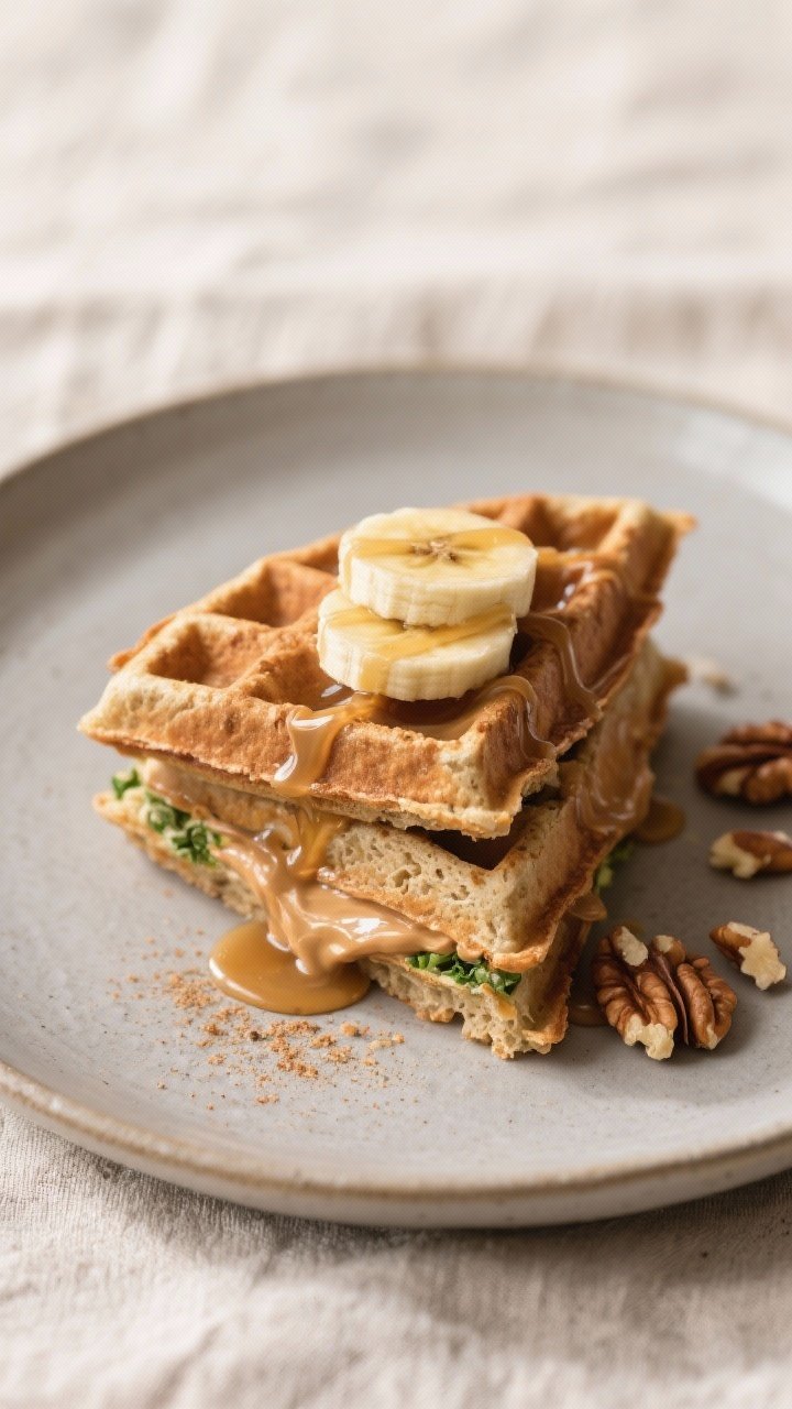 Final plated dish: Restaurant-quality presentation of whole wheat veggie waffles stacked on a matte 
